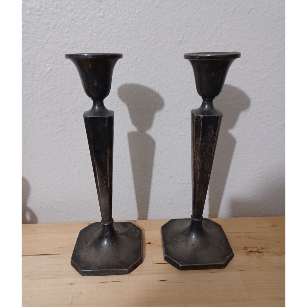 LOT OF 2 B & M Sterling Silver CandlestickS Vintage Octagon Bass 10" tall